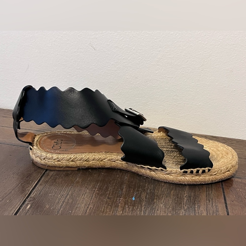 Chloe Lauren Scalloped Black Leather Espadrilles size 37 Women’s size 7 - Picture 5 of 13